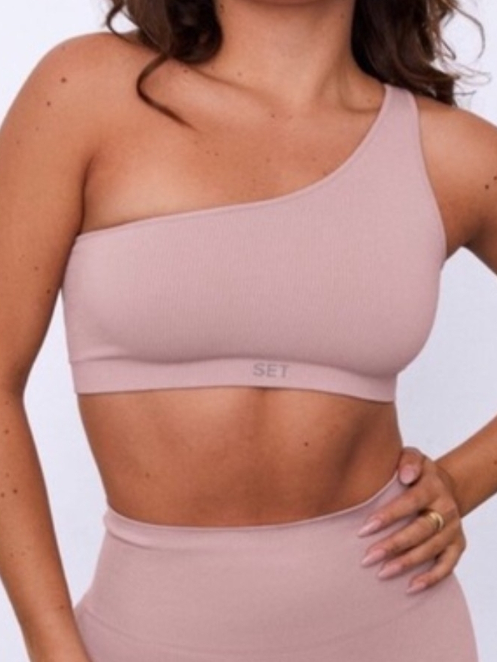 Set Active One-Shoulder Ribbed Sports Bra in Blush Pink